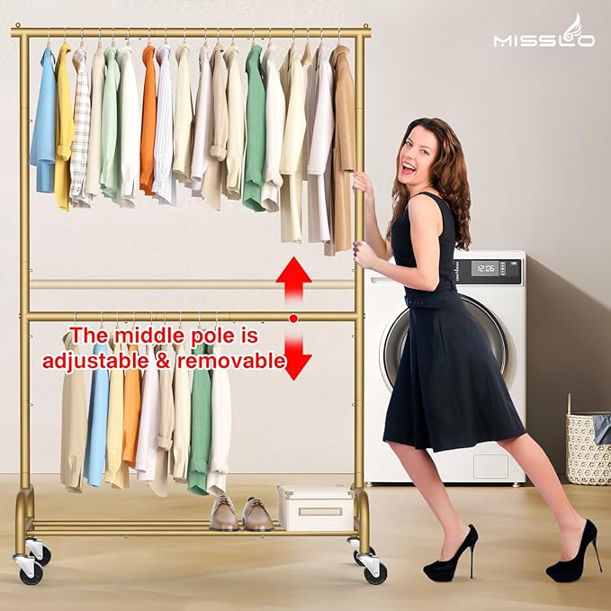 MISSLO Heavy Duty Clothes Rack for Hanging Clothes Rolling Clothing Rack Heavy Duty on Wheels for Coat, Garment, Gold(Double Rod)