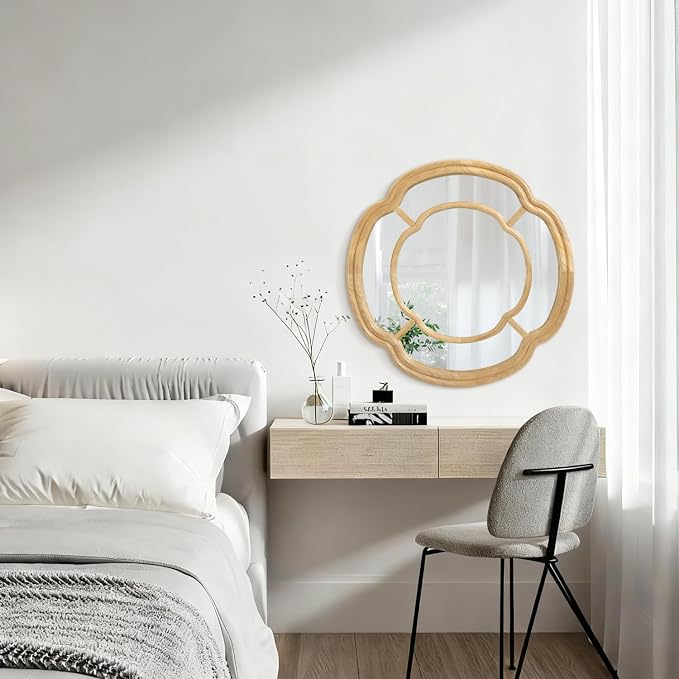 Wall Mounted Mirror, Wooden Round Framed Mirror Large Irregular Wavy Hanging Decorative Mirrors for Living Room Bedroom and Entryway Home 20 Inch Decor