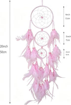 Triple Circles Silk Ribbon Pink Dream Catcher for Girls - Wall Decor for Bedroom, Girl's Room Hanging Decor, Boho Wall Art for Girls Bedroom