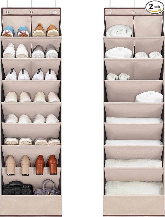 2 Pack Shoe Organizer with 6 Extra Large Pockets and 4 Large Pocket, Over the Door Sturdy Closet Storage Rack, Hanging Shoe Organizer for Shoes, Sneakers, Beige