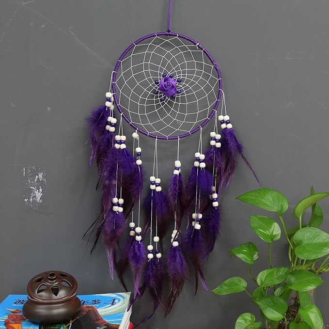 Handmade Dream Catchers Wall Decor,Boho Feather Dreamcatcher with Natural Elements,Unique Home Decor Gift for Bedroom, Living Room (Purple 27.6in)