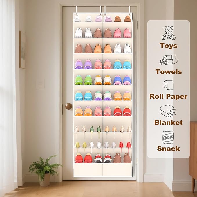 20-30 Pairs Over the Door Shoe Organizer, Clear Pockets Hanging Shoe Storage for Closet, 10-Tier Door Shoes Rack, Handing Shoes Holder Fit All the Family's Sneakers, Boots, Heels, Beige