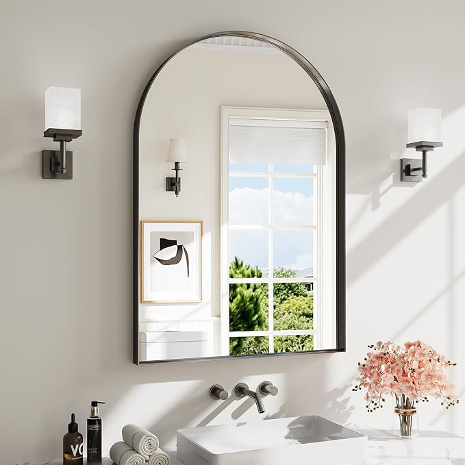 Arch Bathroom Mirror, 30"x40" Wall Mounted Vanity Mirror with Deep Frame, Tempered Glass Decor Mirror for Bathroom, Bedroom, Entryway and Living Room, Hanging or Leaning, Black