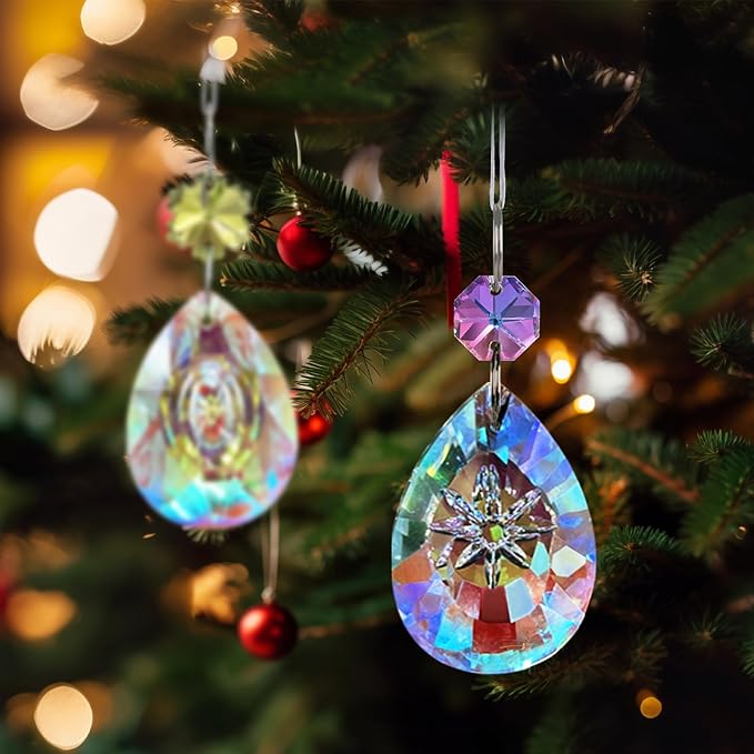 GuassLee Crystal Ornaments Christmas Tree Decorations, 12 Pcs AB Color Teardrop Crystal Hanging Ornaments for Christmas Tree Xmas Bead Chandelier Garland New Years Holiday Party Supplies Decor