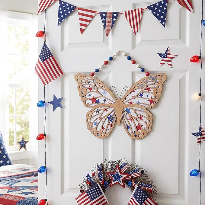 Valery Madelyn 4th of July Wreath, Patriotic Wreath for Front Door, Red White and Blue Butterfly Decor, Wooden Americana Sign for 4th of July Independence Day USA 250th Anniversary, 12 Inch