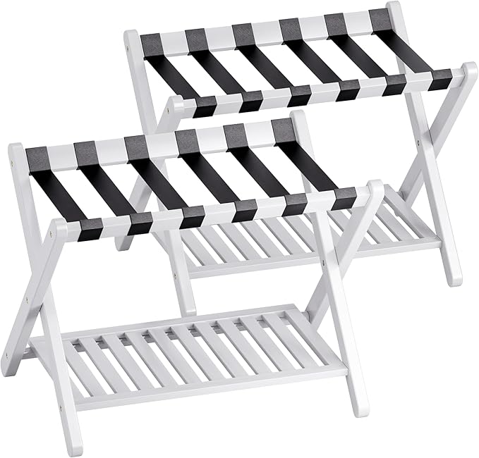 SMIBUY Luggage Rack, Set of 2, Foldable Bamboo Suitcase Stand with Storage Shelf for Guest Room, Bedroom, Hotel, Heavy-Duty (White)