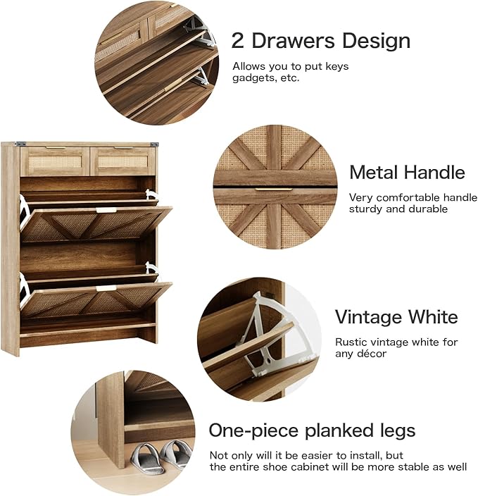 Shoe Cabinet with 2 Flip Drawers & 2 Drawers,Farmhouse Shoe Storage Cabinet for Entryway,Slim Freestanding Narrow Organizer Rack for Front Door Entrance,Rustic Oak Rattan