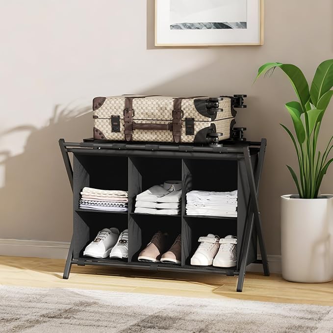 Luggage Rack for Guest Room, Set of 2, Folding Suitcase Stand with 6-Cube Fabric Storage Shelf, Luggage Holder, Steel Foldable Luggage Stand for Guest Room, Bedroom, Hotel, Black