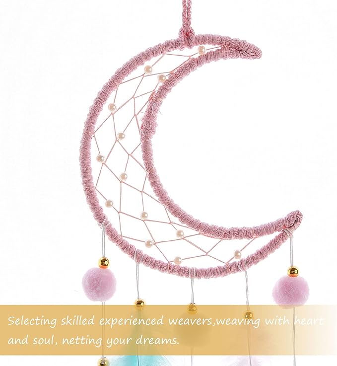Pretty Jolly Pink Moon Kids Dream Catcher Wall Decor Pompom Feather Baby Dreamcatcher Handmade Children Dream Catcher Home Décor Wall Hanging for Nursery Bedroom Boys Girls Birthday Gift-25.6in