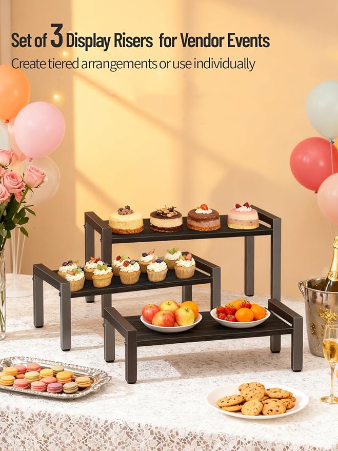 Wood Risers Display Stands, 3 Tier Stepped Display Shelf for Perfume Collectibles, Buffet Risers Tiered Tray Stand & Serving Tray for Food Desserts Vendor Events Party Decor
