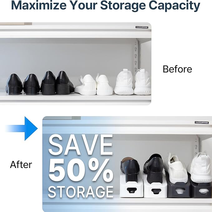 One-Piece Shoe Slot Organizer 10 Pack, Space-Saving Stackers for Closet, Entryway & Shoe Rack | No Assembly Needed
