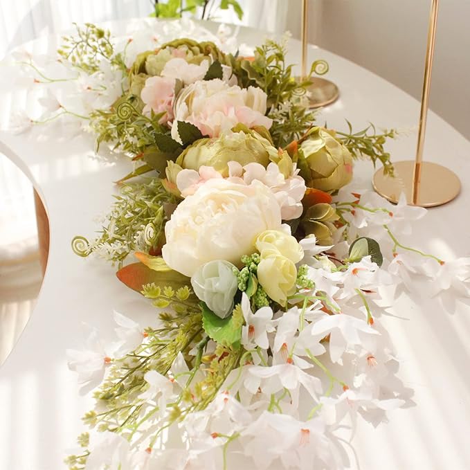 DULRLLY Artificial Peony Flower Swag, 30 in Wedding Arch Flowers, Faux Floral Swag for Lintel, Over The Door Decorative Swag, Rustic Artificial Floral Swag for Home Decor (5)