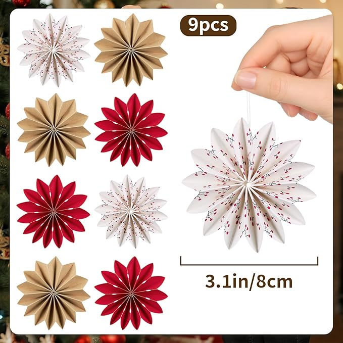 EASY JOY Christmas Hanging Decorations-9Pcs Small Christmas Paper Ornaments 3D White Red Brown Snowflake Ornaments Xmas Tree Decorations Outdoor Indoor for Xmas Boho New Year Home Decor