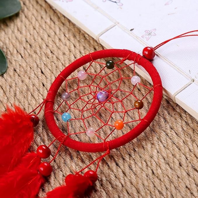 Red Small Dream Catcher with Feathers Wall Hanging Ornament Indian Style Decoration Wind Chimes for Car Home Wall Decor Home and Kitchen