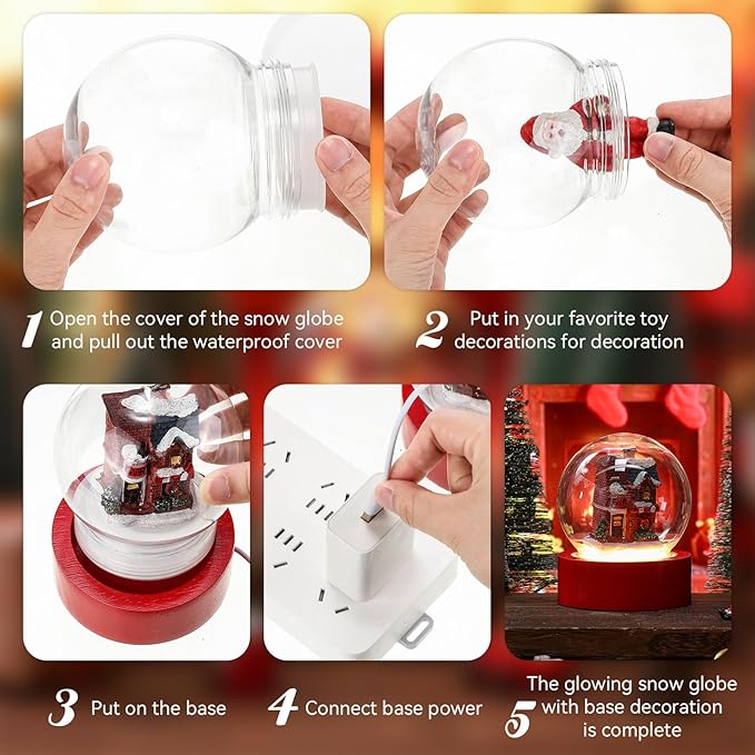Irenare 2 Set Valentine's Day DIY Snow Globes Set Warm Light Make Your Own Snow Globe with LED Light Red Wooden Base Clear Plastic Globe Kit for Valentine's Day Gift