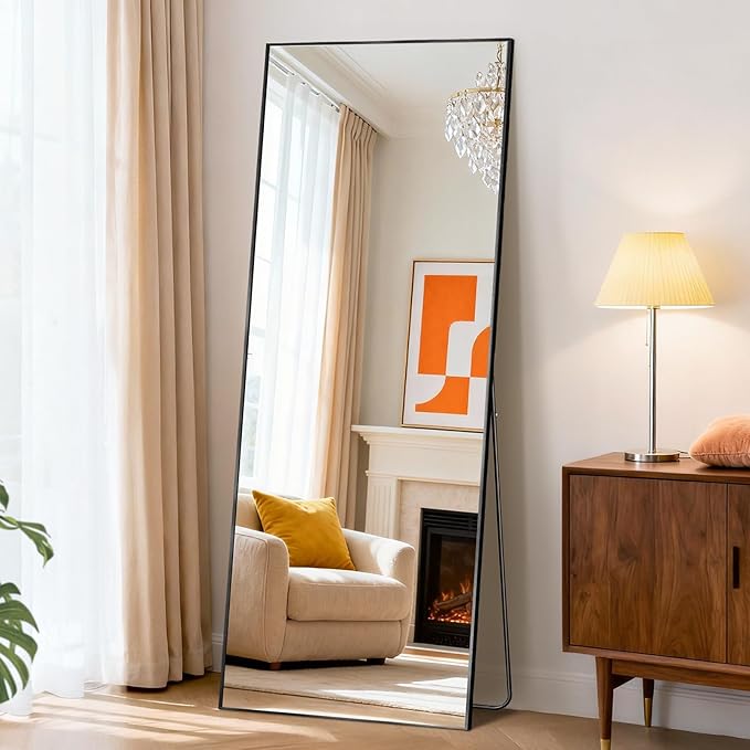 DUMOS 58"x19" Full Length Mirror, Full Body Mirror with Aluminum Alloy Thin Frame, Standing Mirrors with Leaning or Hanging, Suitable for Bedroom, Livingroom, Cloakroom, Black