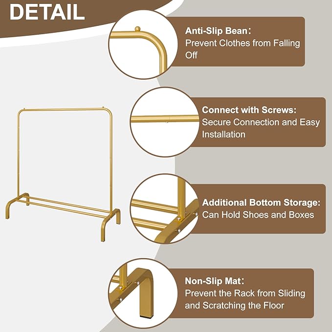 JIUYOTREE Metal 43.3 Inches Garment Rack with Bottom Shelf Clothing Rack for Hanging Clothes Coats Skirts Shirts Sweaters Gold