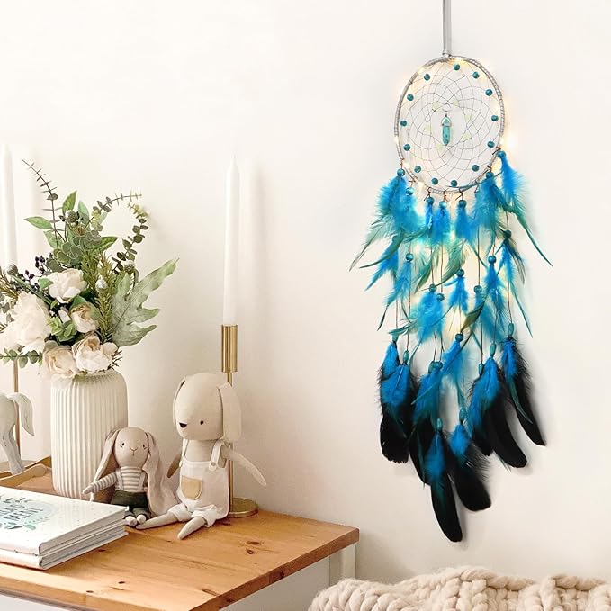 Dremisland Dream Catcher Handmade Blue Feather Dreamcatchers Wall Hanging Elegant Wall Art Room Decoration for Windows Balcony Bedroom Wedding Party Gift for Girls and Kids (Blue-with Lights)