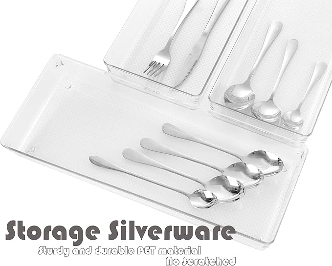 4Pack Large Size Clear Plastic Desk Drawer Dividers Drawer Organizer Wide Tray for Makeup,Kitchen Utensils,Silverware,Jewelries and Gadgets 15’’x6’’