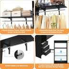 8FT Closet System, 96'' Closet Organizer System with 3 Hanging Rods, Wall Mount Bedroom Wardrobe with 3 Drawers Walk-in Closet, Adjustable Cloth Garment Rack from 5 to 8FT (Cut to Fit), Black