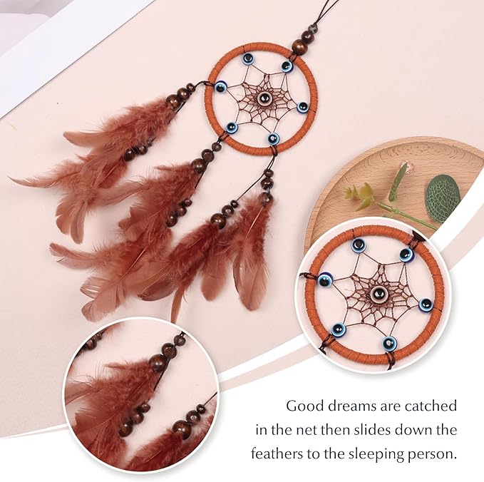 Pretty Jolly Small Evil Eye Dream Catchers Wall Decor Wood Beads Handmade Coffee Feathers Mini Dreamcatchers Home Decoration Ornament for Car Bedroom Birthday Party
