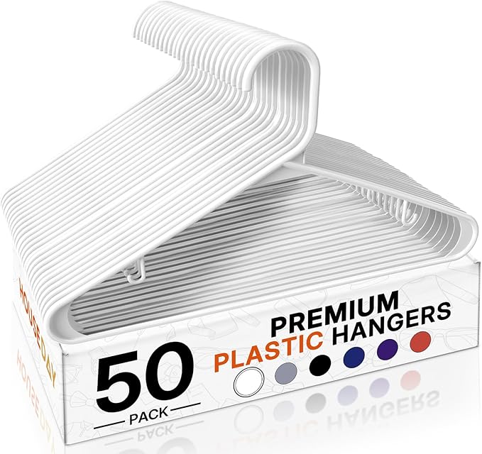 HOUSE DAY White Plastic Hangers 50 Pack, Plastic Clothes Hangers with Built-in Hooks, Durable and Strong Plastic Coat Hangers for Closet, Space Saving Clothing Hanger for Shirts, Coats, Skirt, Dress