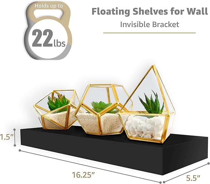 Sorbus Floating Shelves for Wall – 16 Inch Floating Shelf for Kitchen, Bedroom, Living Room, Bathroom, Home & Wall Decor - Mounted Bathroom Shelves with Invisible Brackets (Black, 2 Pack)