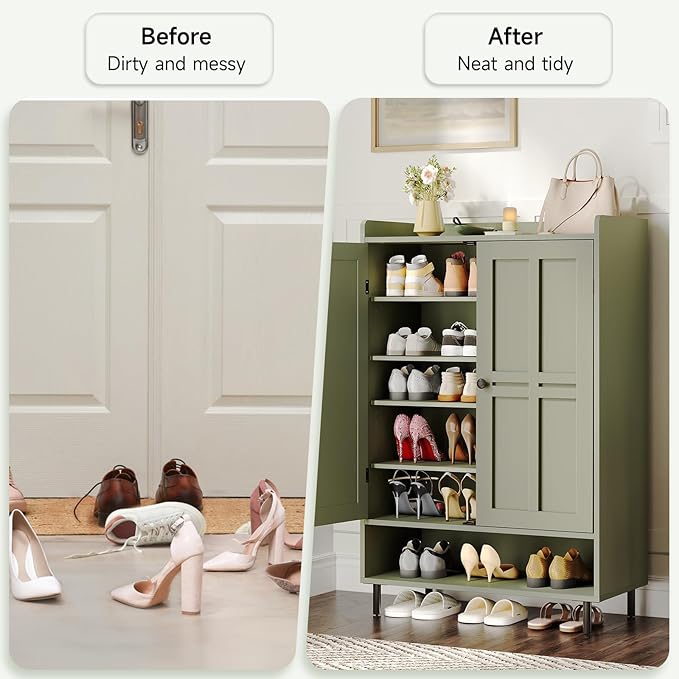 ONBRILL Shoe Cabinet with Cross Molding Doors, 6-Tier Shoe Storage Cabinet with 3 Adjustable Shelves and Metal Legs, 45'' Tall Shoes Rack Organizer Cabinet for Entryway, Front Door, Green