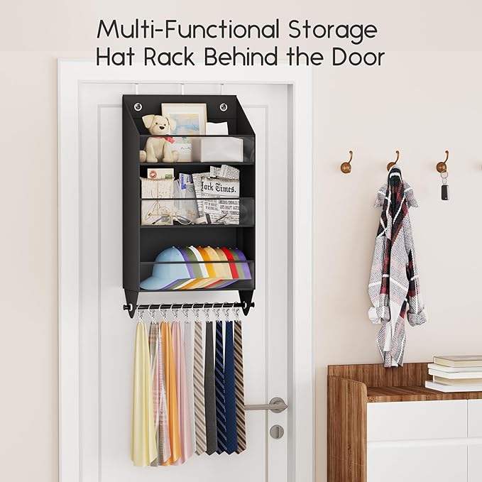 Over the Door Hat Rack - 3-Layer Design Hat Organizer Holds 30-36 Hats with 10 Hooks, Ideal Hat Rack for Door, Over the Door Organizer for Closet, Apartment, Bedroom, Dorm, 2 Pack, Black