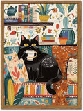 Framed Funny Black Cat Canvas Wall Art, Cute Cat Drinking Coffee on Sofa Pictures Wall Decor, Eclectic Animal Paintings Prints Boho Home Decor for Living Room Cafe Kitchen Bar 16x24 inch