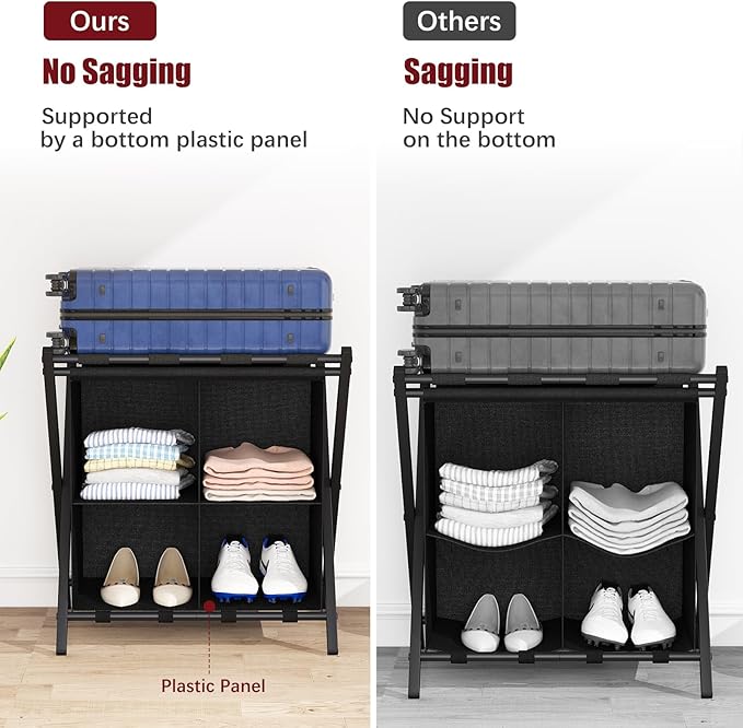 aboxoo 2 Pack Luggage Rack with storage, Guest Room Folding Suitcase Stands, Holds up to 120 lb, Space Saving Suitcase Holders for guest room, Bedroom Hotel, Black
