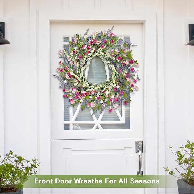 Artgar 26 Inch Spring Wreaths for Front Door, Spring Summer Lavender Paper Flower Wreaths for Home Farmhouse Windows Walls Porch Wedding Indoor Outdoor Decor for All Seasons (Pink)