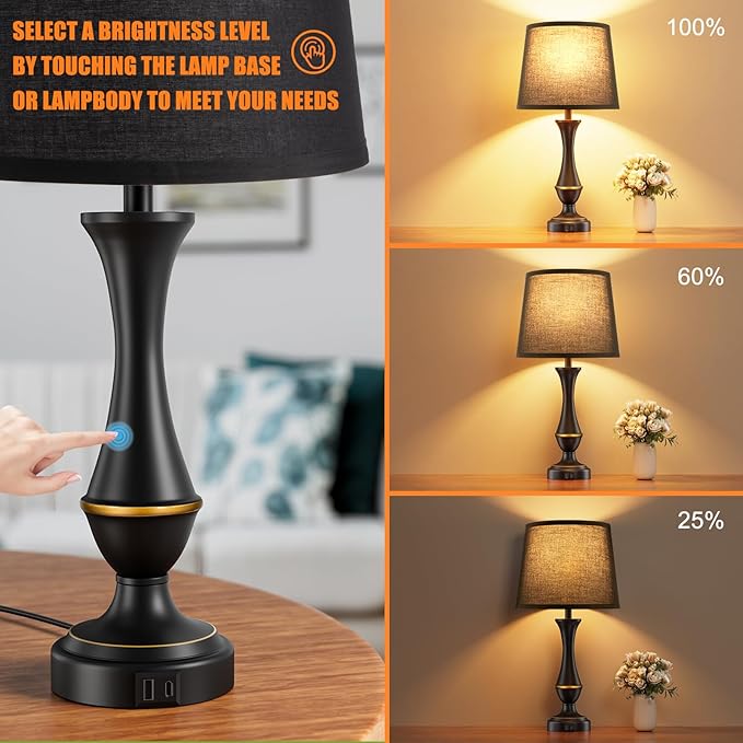 Seealle Upgraded Touch Lamps for Night Stands Set of 2 - Bedside Lamps with USB C+A, 3 Way Dimmable for Bedroom Living Room End Tables Office (Black)