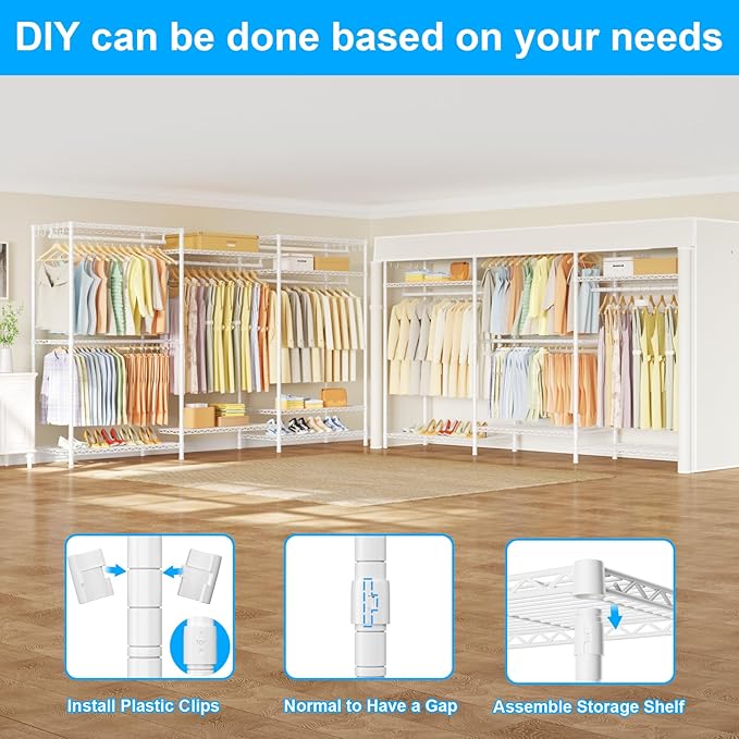 Ulif E13C Max Heavy Duty Closet Organizer System，Freestanding Clothing Racks for Hanging Clothes，Adjustable Garment Rack 86" W x16 D x77 H Hold 1100 lbs，White Rack with White Dustproof Cover
