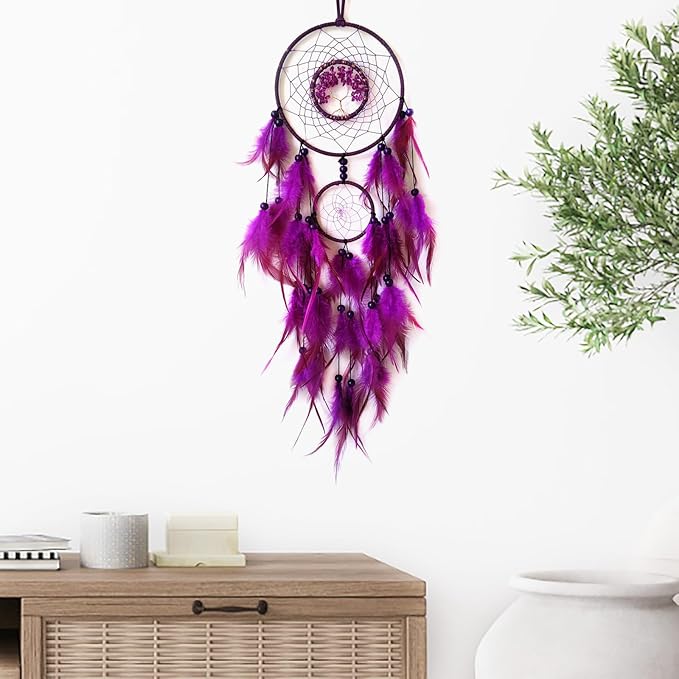 Purple Dream Catcher Wall Decor Crystal Tree of Life Dream Catchers Handmade Feather Dreamcatcher Wall Hanging Ornament for Bedroom Living Room Home Decor