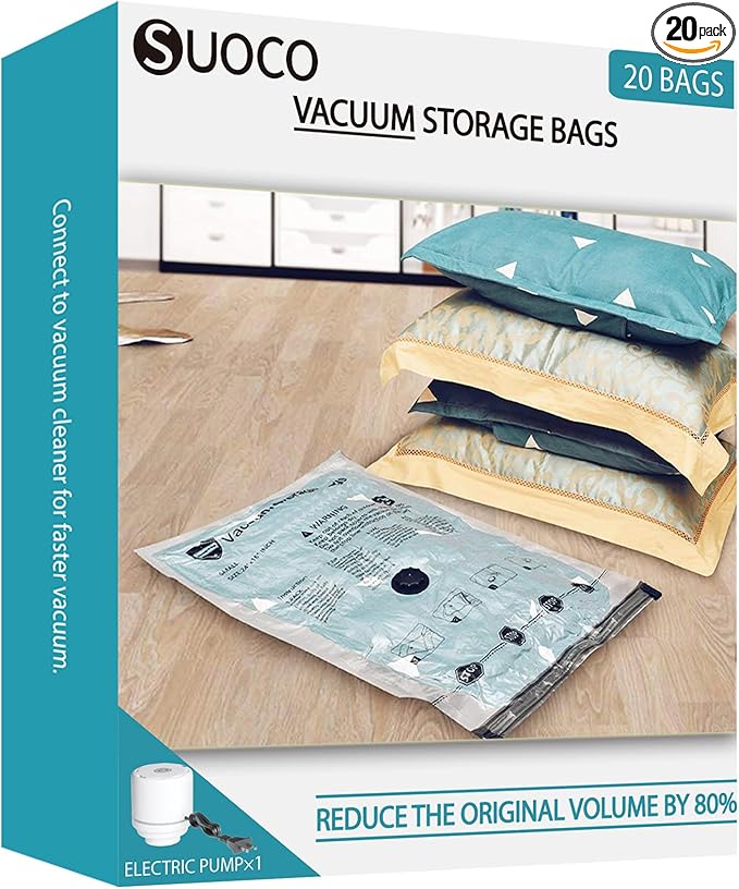 Travel Vacuum Storage Bags with Electric Pump, Space Saver Seal Compression Packing Cubes for Clothing Bedding Comforters Blankets Pillows Clothes, 20 Combo