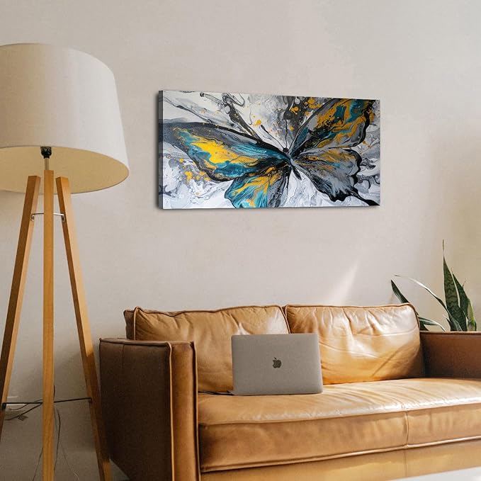 Abstract Butterfly Wall Art Teal Grey Yellow Butterfly Wall Decor Modern Marble Textured Canvas Poster Luxury Fluid Pictures Watercolor Neutral Artwork for Living Room Bedroom Home Decoration 20x40"