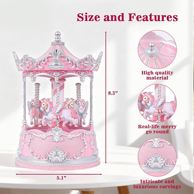 Gifts for Mom Pink Carousel Horse Snow Globe Music Box with Rotating Horses Musical Unicorn Snow Globe with Glitter for Girls, Women, Mom, Birthday Gifts Home Decorations (Pink Silver Carousel)