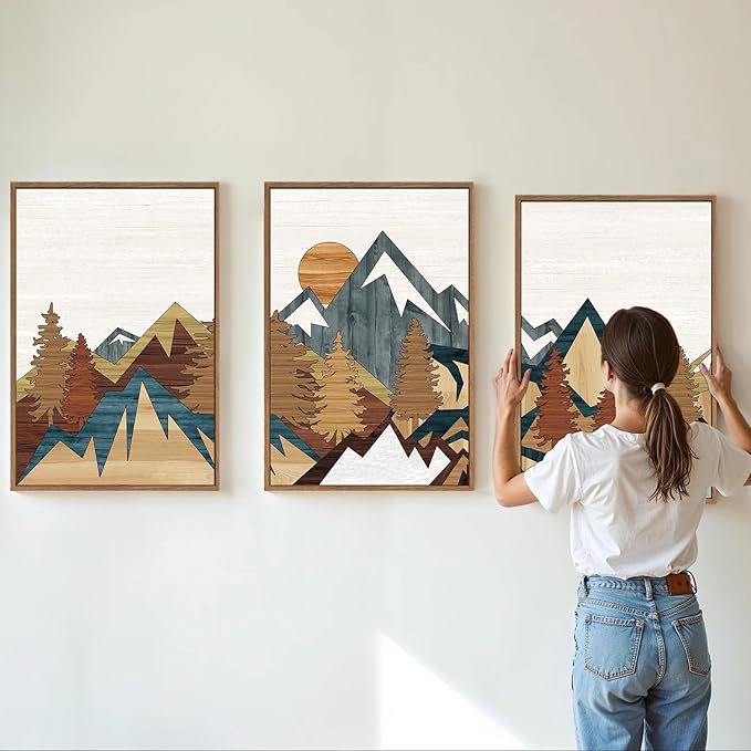 SIGNINART Vintage Mountain Framed Canvas Wall Art, Boho Sunrise Art Prints, Forest Nature Wilderness Art Paintings, Modern Farmhouse Woodcut Style Wall Decor for Living Room Bedroom, Office 24"x36"x3