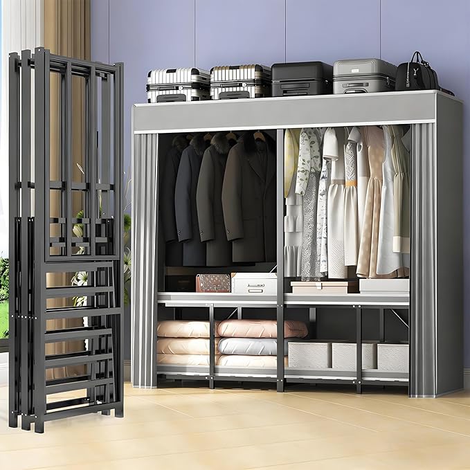 95% Assembled Heavy Duty Garmen Clothes Rack, 59" Lx68 H Freestanding Flodable Strong Portable Clothing Rracks with Cover,Black