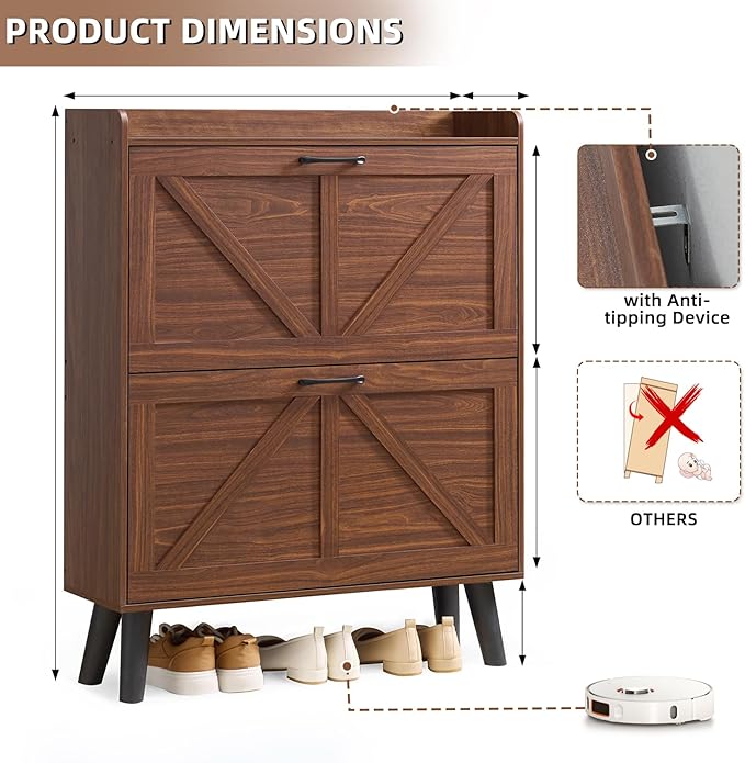 LEYAOYAO Shoe Storage Cabinet with 2 Flip Drawers，Narrow Shoe Storage Cabinet Organizer with Legs for Entryway Hallway, Living Room, Bedroom，Hidden Slim Storage Narrow Shoe Rack Cabinet,Walnut