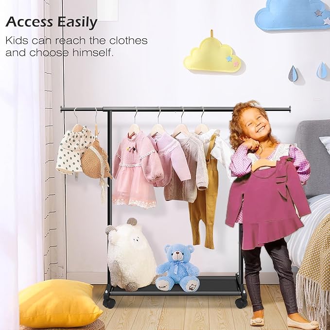 MISSLO Short Clothing Racks for Hanging Clothes with Bottom Shelves and Wheels Heavy Duty Rolling Clothes Rack Kids Clothing Rack for Adult Coat, Closet, Wardrobe (Black)