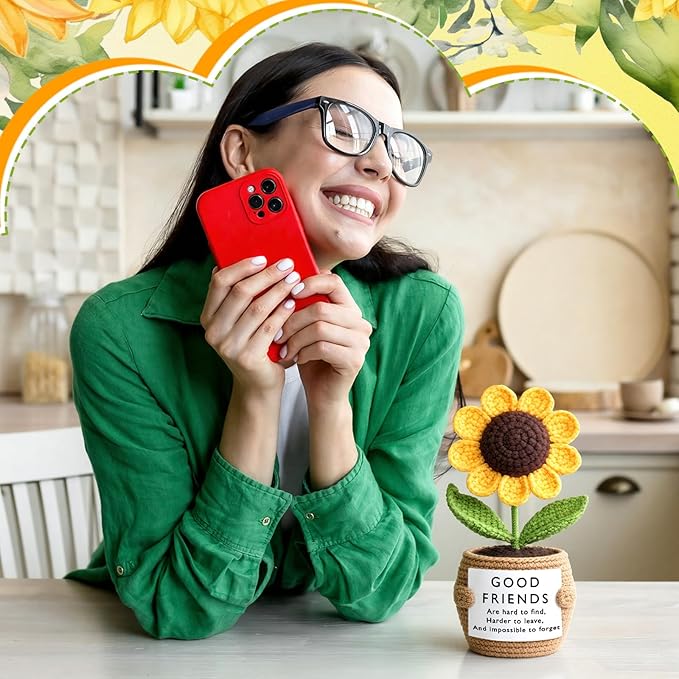 Wavwavw 1 Pcs Friends Gifts for Women, Galentines Graduation Handmade Sunflower Crochet Doll with Positive Card for Female Birthday BFF Bestie Gifts (Good Friends)