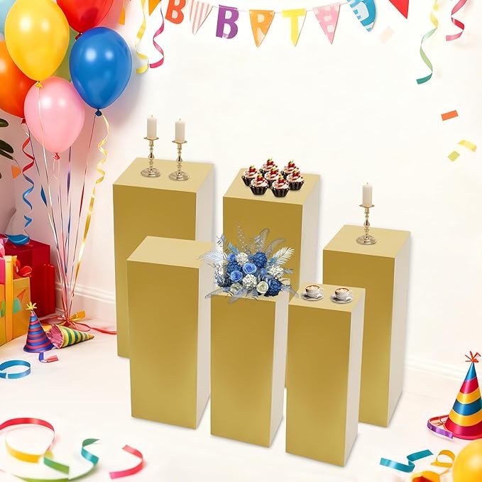 6Pcs Square Display Pedestal Stands Set for Party, Metal Display Stand Plinth Pillars, Cake Stands Pillars for Wedding Birthday Art Decor Risers, 11.8*31.5" (L), 11.02*25.6" (M), 10.24*23.6" (S)