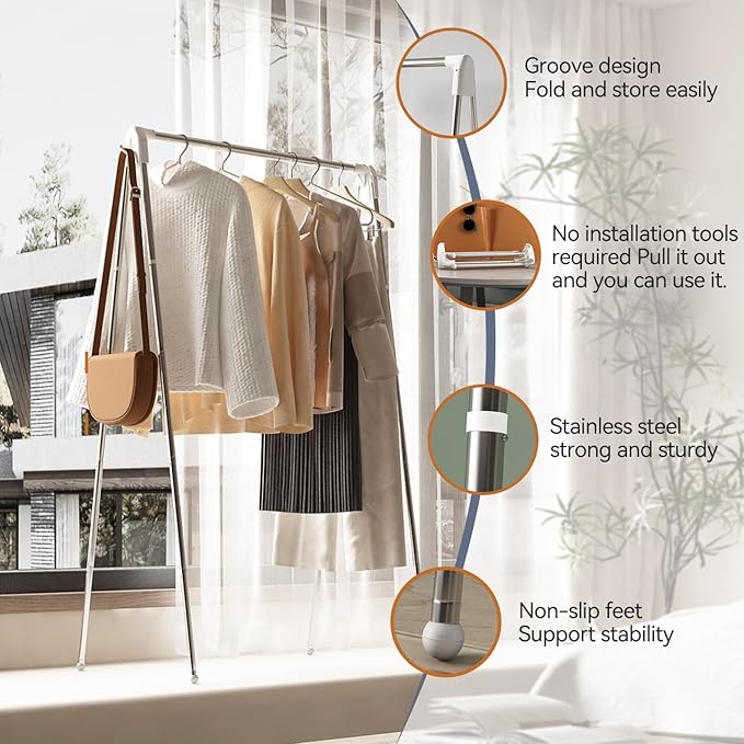 Upgraded Travel Garment Rack, Stainless Steel Portable Clothes Rack Collapsible, Folding Clothes Rack for Indoor & Outdoor, Portable Clothes Airer for Travel (Upgraded)