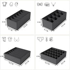 Drawer Organizer Clothes Set, 4 Pack Foldable Dresser Closet Dividers (6/8/7/24-Cell), Non-Woven Underwear & Sock Drawer Organizer, Bra/Tie/Belt Storage Bins (Dark Grey)