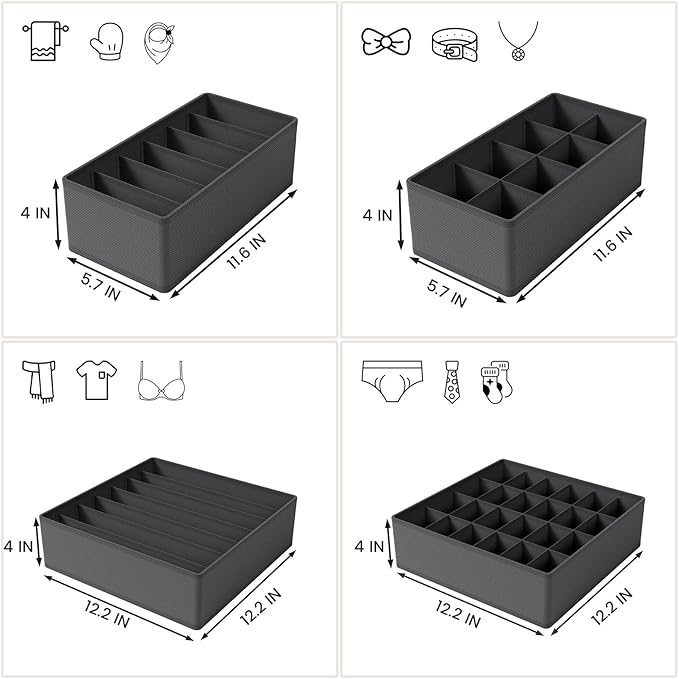 Drawer Organizer Clothes Set, 4 Pack Foldable Dresser Closet Dividers (6/8/7/24-Cell), Non-Woven Underwear & Sock Drawer Organizer, Bra/Tie/Belt Storage Bins (Dark Grey)