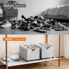 HOUSE AGAIN Shoe Organizer for Closet, 2 Pack Foldable Shoe Storage Organizer Box with Wheels and Adjustable Dividers, Sturdy Metal Frame Fits up to 16-32 Pairs, Large Shoes Storage with Clear Cover