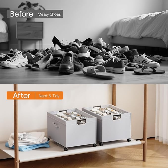 HOUSE AGAIN Shoe Organizer for Closet, Foldable Shoe Storage Organizer Box with Wheels and Adjustable Dividers, Sturdy Metal Frame Fits up to 16-32 Pairs, Large Shoes Storage with Clear Cover