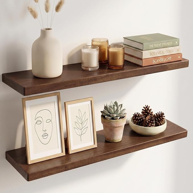 40 Inch Floating Shelves, Solid Wood Wall Shelves, 8 Inch Deep Floating Shelf – for Bathroom, Bedroom, Living Room, Kitchen, Home Decor & Storage, Heavy-Duty Wooden Shelf Wall-Mounted, Set of 2